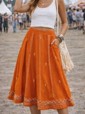 Orange Embroidered Lehenga Skirt Made in India Size 32 Boho Festival